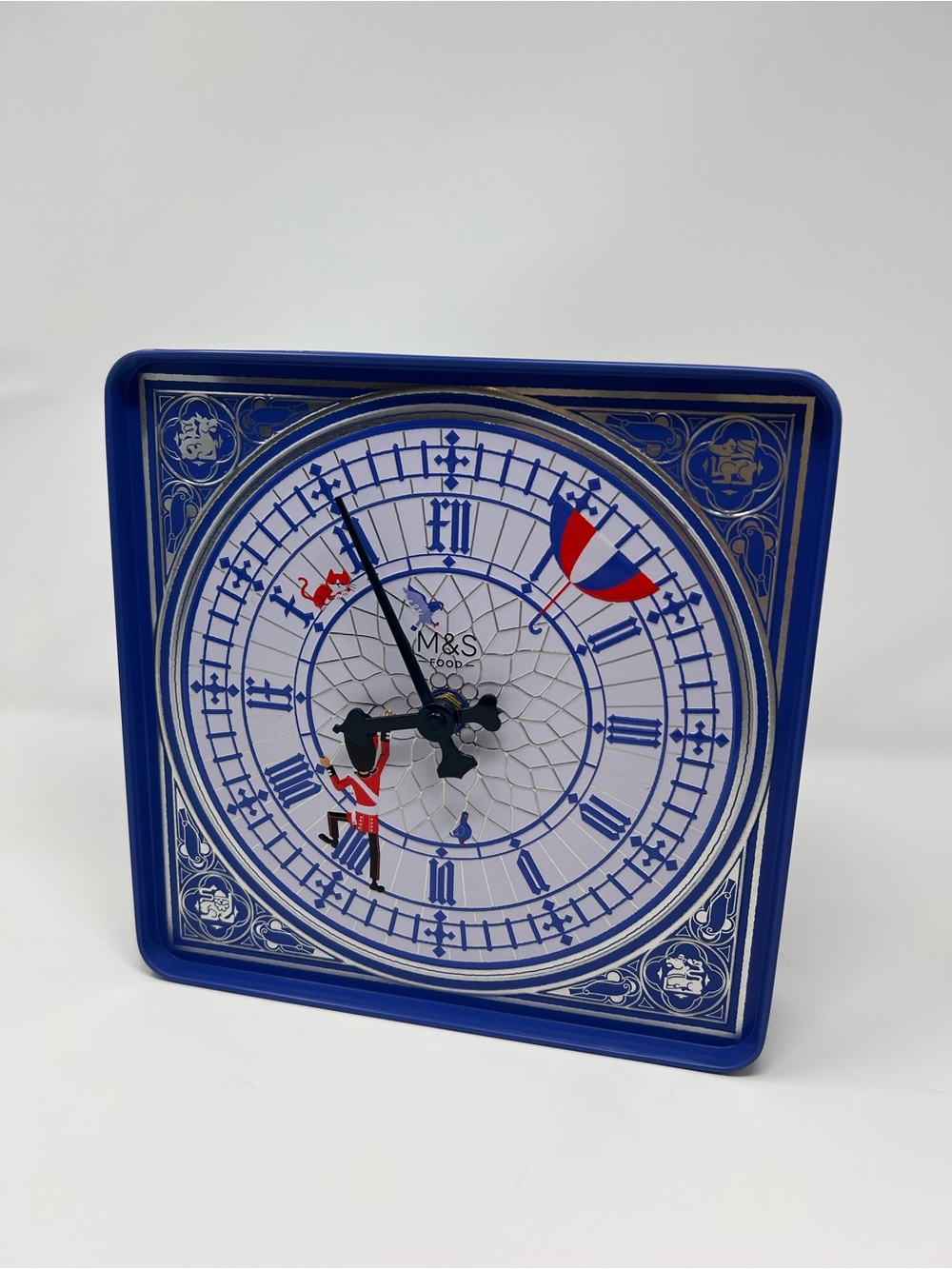 M&S Food Blue Square Tin Advertising Clock Collectible, White Clock Face London